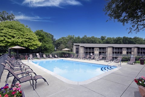 a swimming pool with chaise lounge chairs and trees in the background